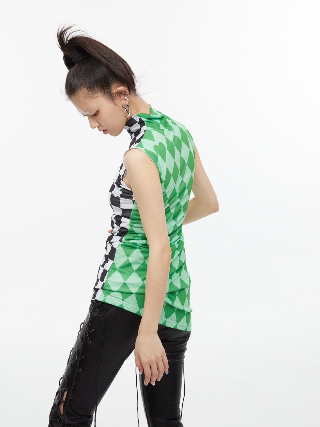 QUORRA S CHORD Checkerboard Green Contrast High Neck Sleeveless Women&