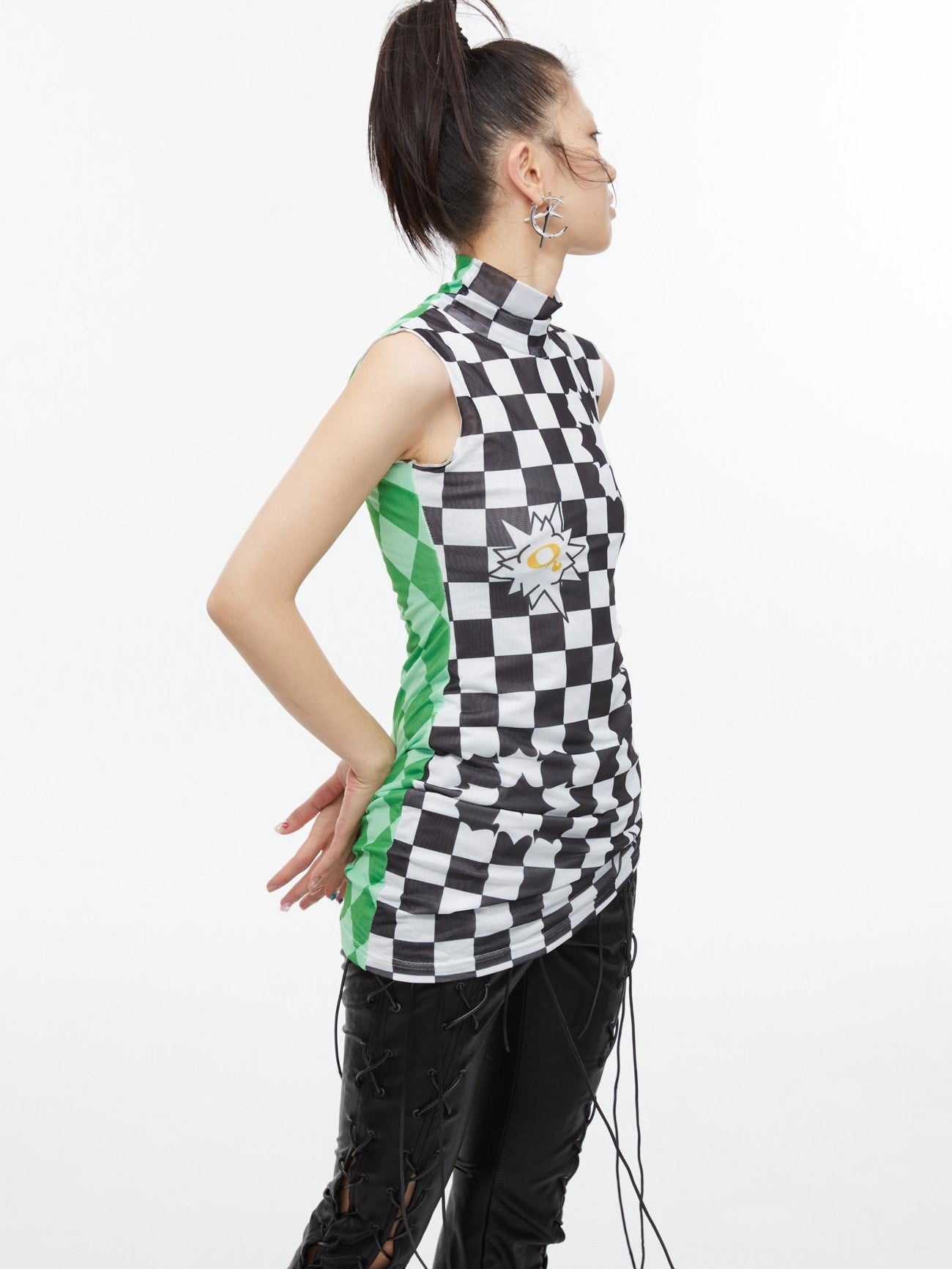QUORRA S CHORD Checkerboard Green Contrast High Neck Sleeveless Women&