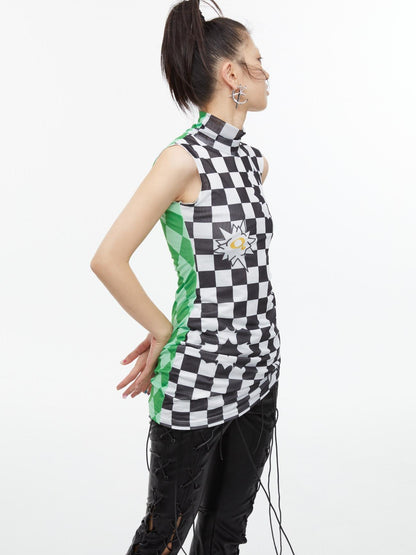 QUORRA S CHORD Checkerboard Green Contrast High Neck Sleeveless Women&