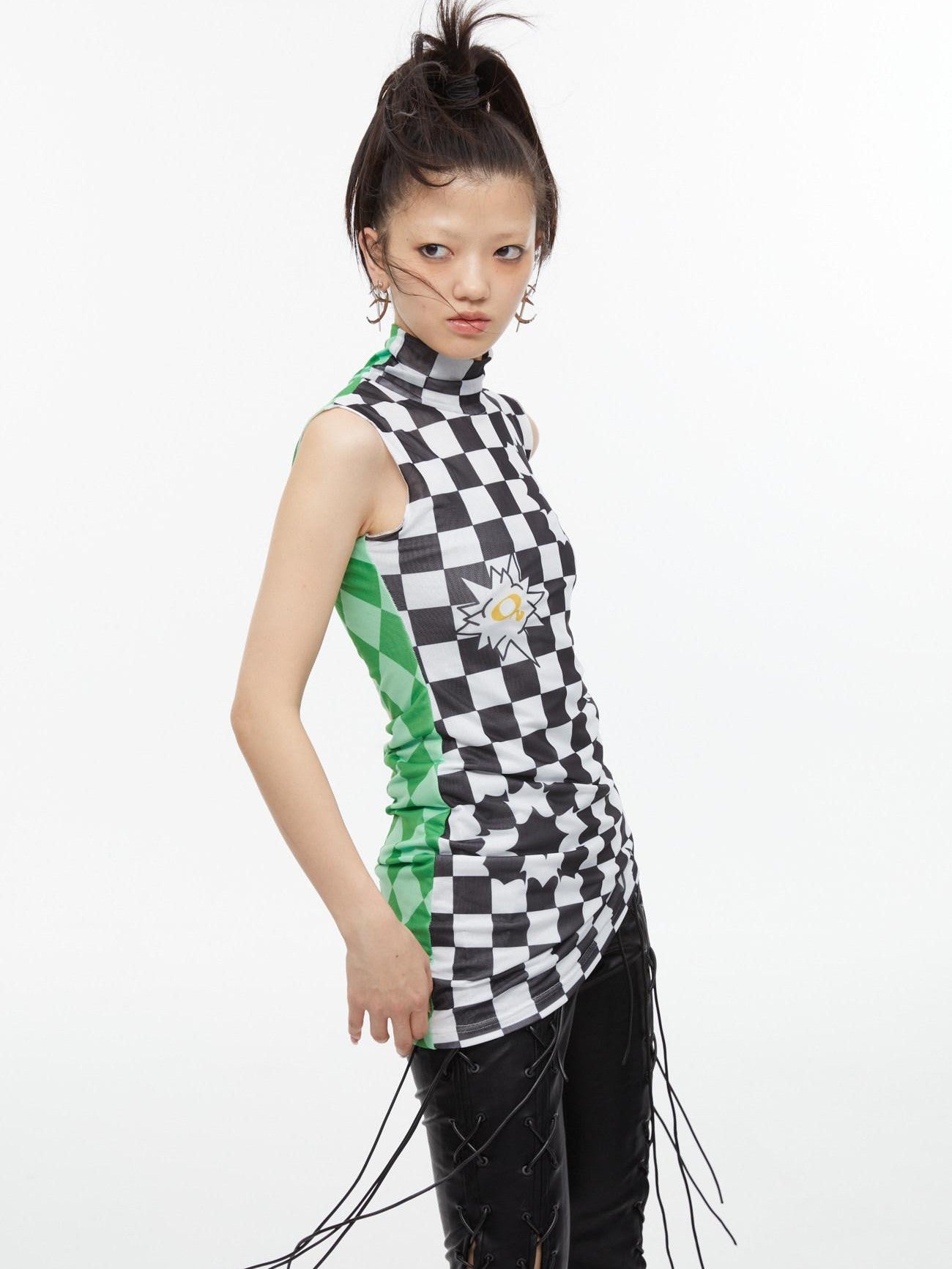 QUORRA S CHORD Checkerboard Green Contrast High Neck Sleeveless Women&