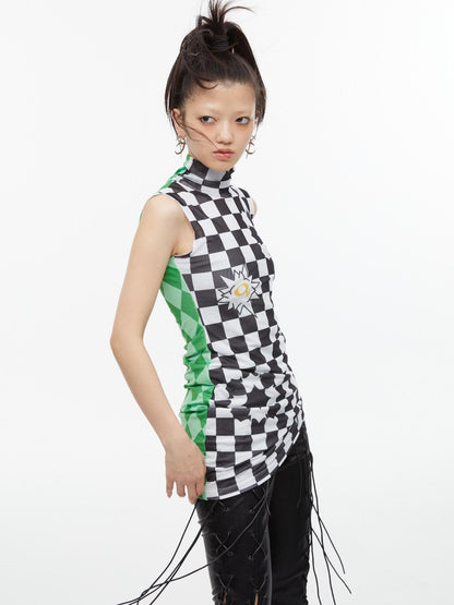 QUORRA S CHORD Checkerboard Green Contrast High Neck Sleeveless Women&