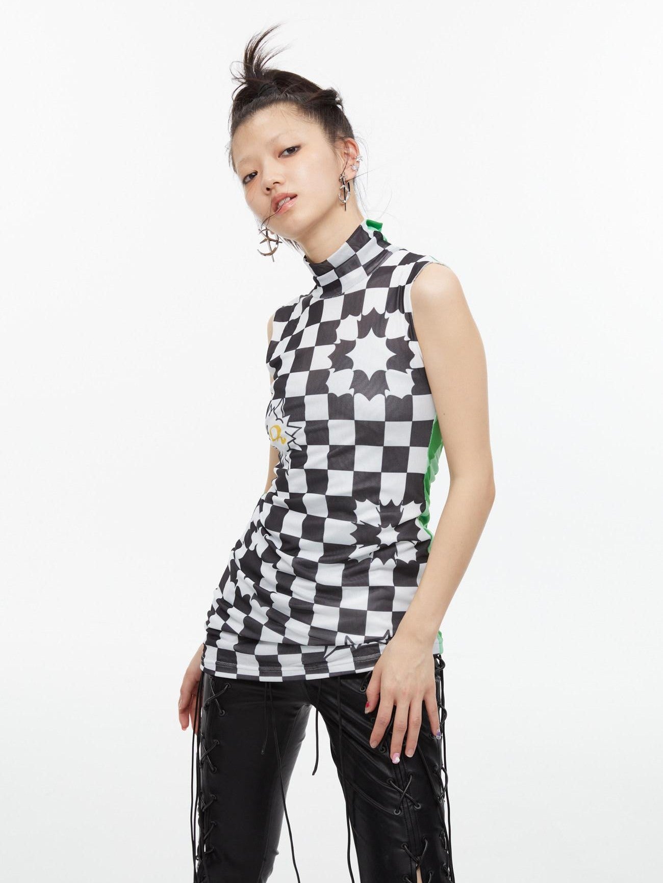 QUORRA S CHORD Checkerboard Green Contrast High Neck Sleeveless Women&