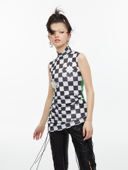 QUORRA S CHORD Checkerboard Green Contrast High Neck Sleeveless Women&