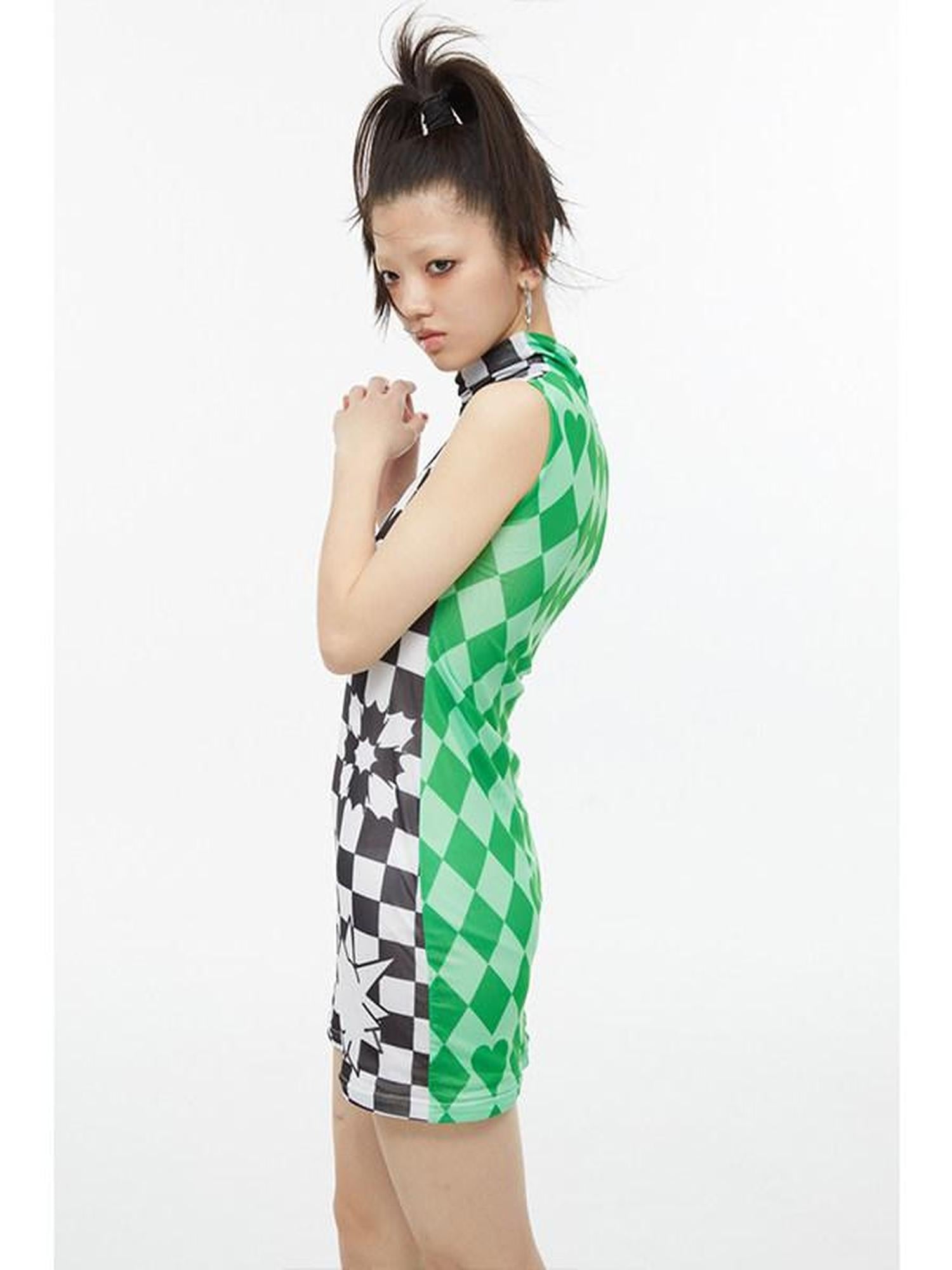 QUORRA S CHORD Checkerboard Green Contrast High Neck Sleeveless Women&