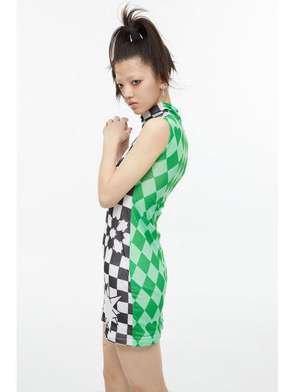 QUORRA S CHORD Checkerboard Green Contrast High Neck Sleeveless Women&
