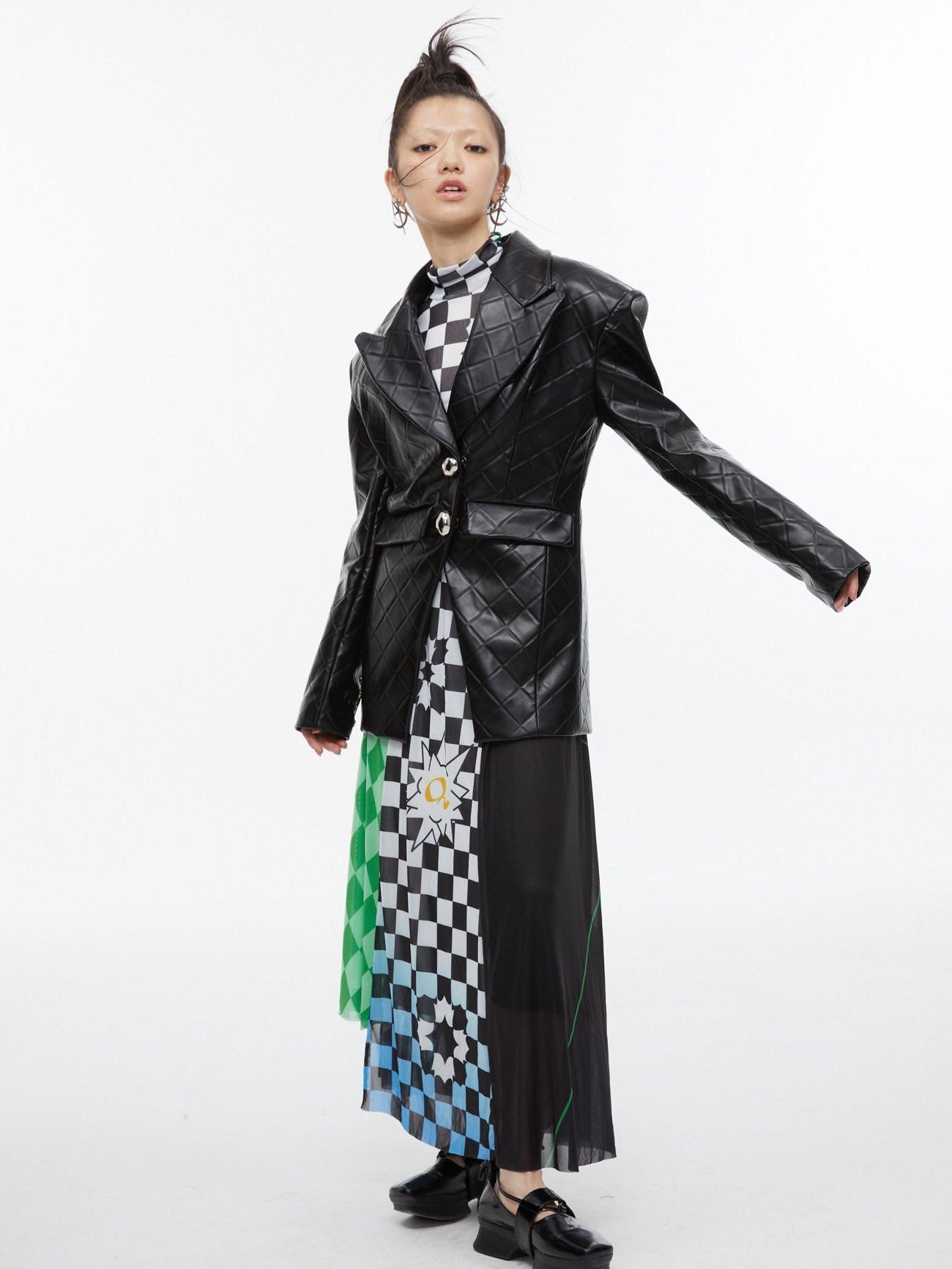 QUORRA S CHORD Checkerboard Green Contrast High Neck Sleeveless Women&
