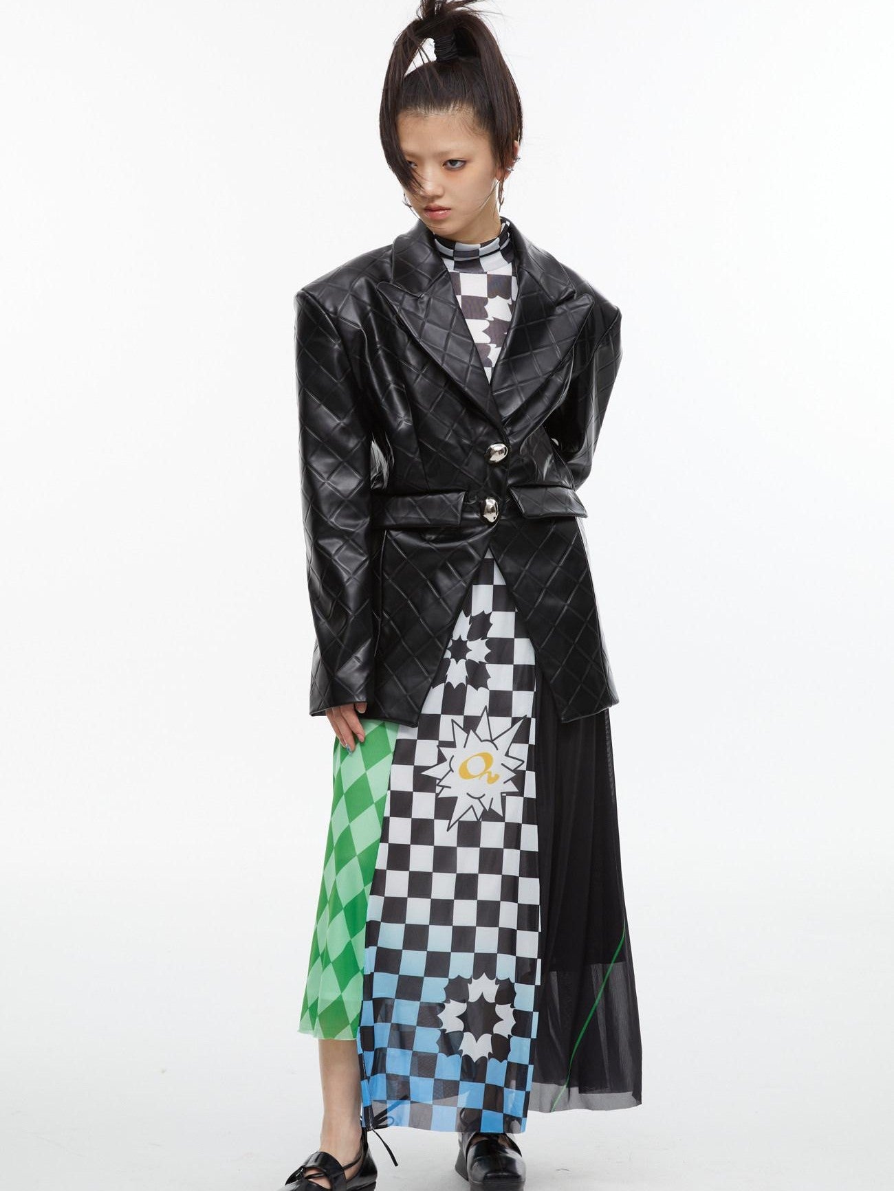 QUORRA S CHORD Checkerboard Green Contrast High Neck Sleeveless Women&