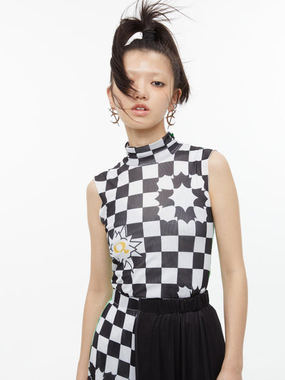 QUORRA S CHORD Checkerboard Green Contrast High Neck Sleeveless Women&