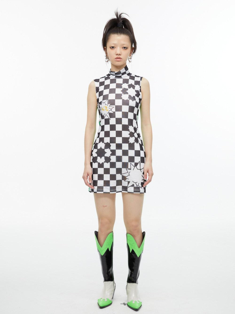 QUORRA S CHORD Checkerboard Green Contrast High Neck Sleeveless Women&