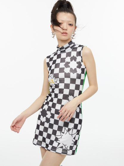 QUORRA S CHORD Checkerboard Green Contrast High Neck Sleeveless Women&