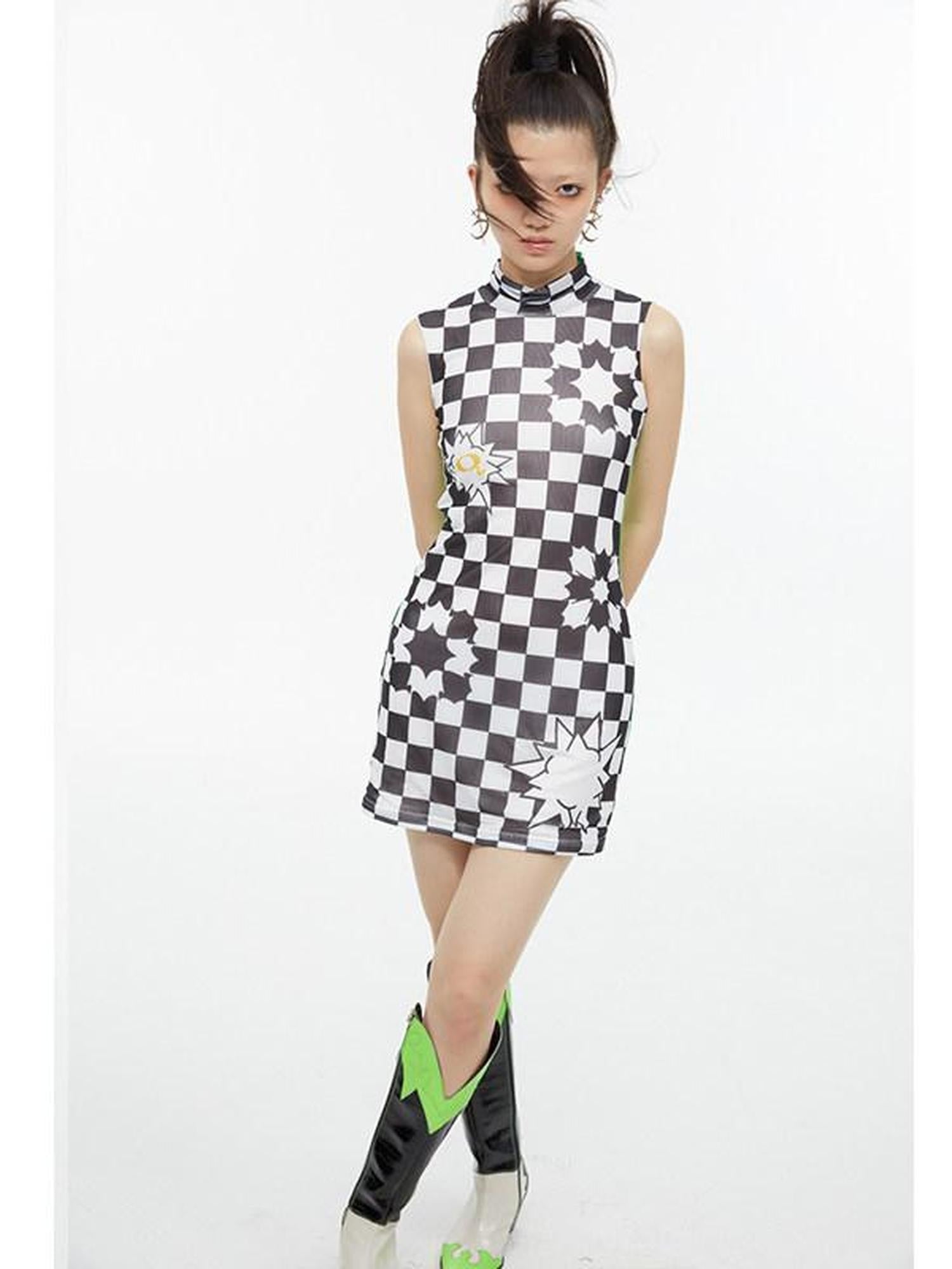 QUORRA S CHORD Checkerboard Green Contrast High Neck Sleeveless Women&