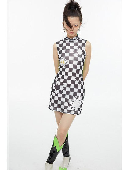 QUORRA S CHORD Checkerboard Green Contrast High Neck Sleeveless Women&