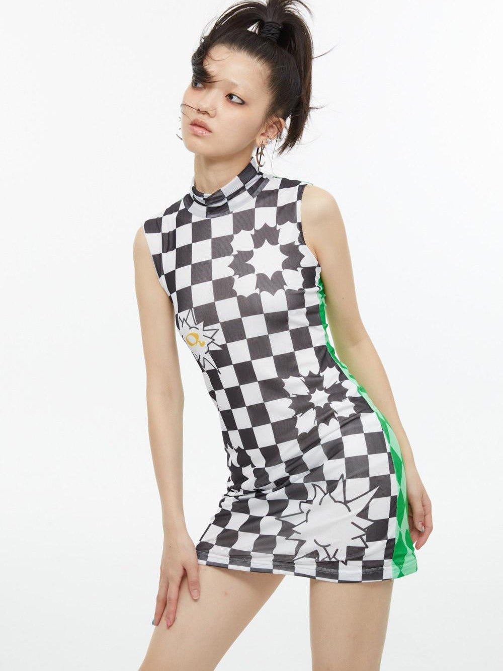 QUORRA S CHORD Checkerboard Green Contrast High Neck Sleeveless Women&