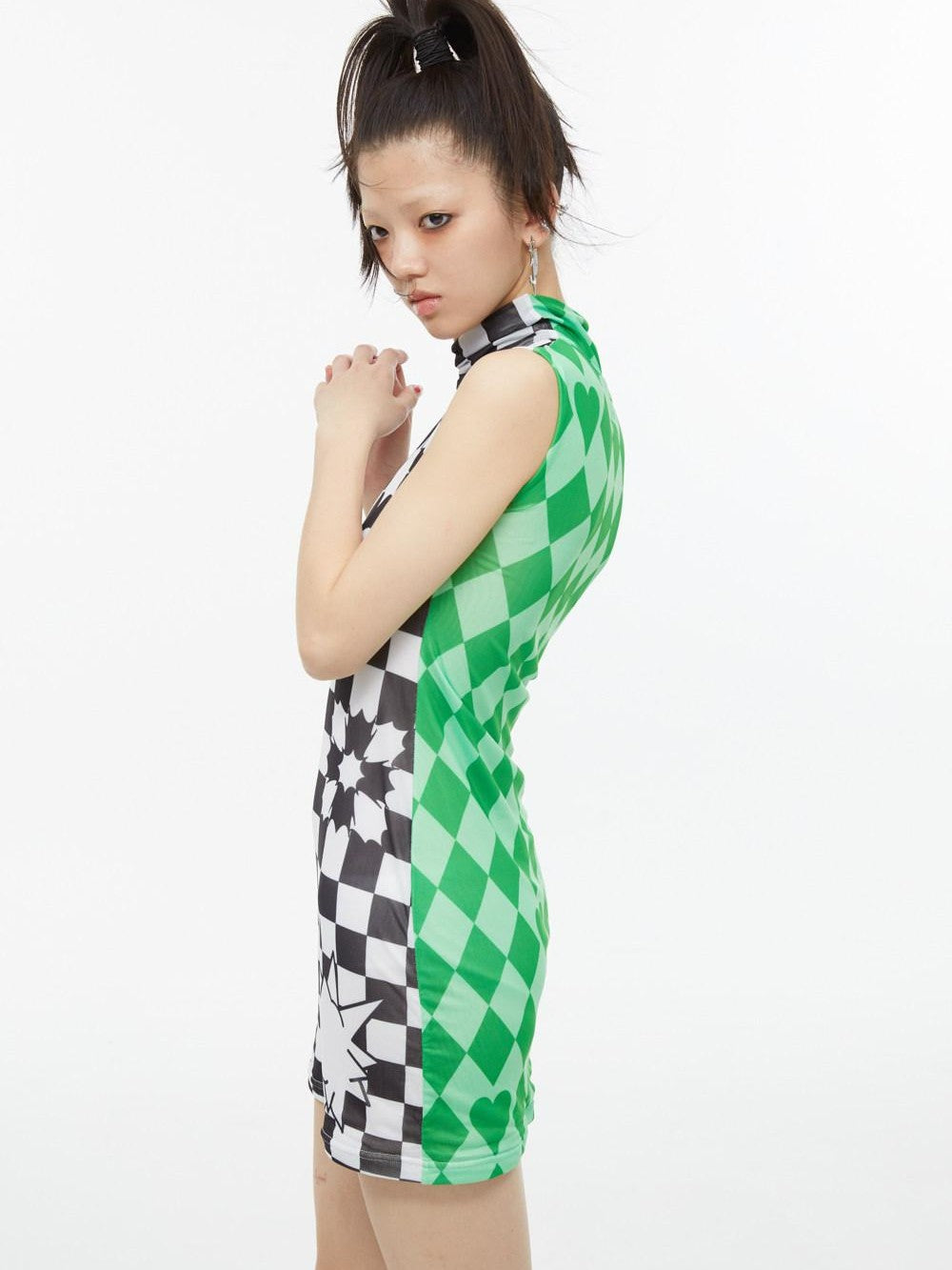 QUORRA S CHORD Checkerboard Green Contrast High Neck Sleeveless Women&