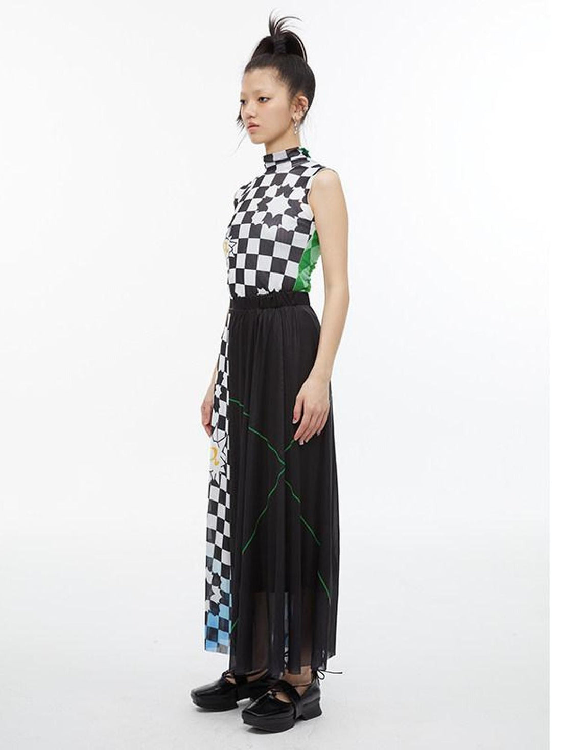 QUORRA S CHORD Checkerboard Green Contrast High Neck Sleeveless Women&