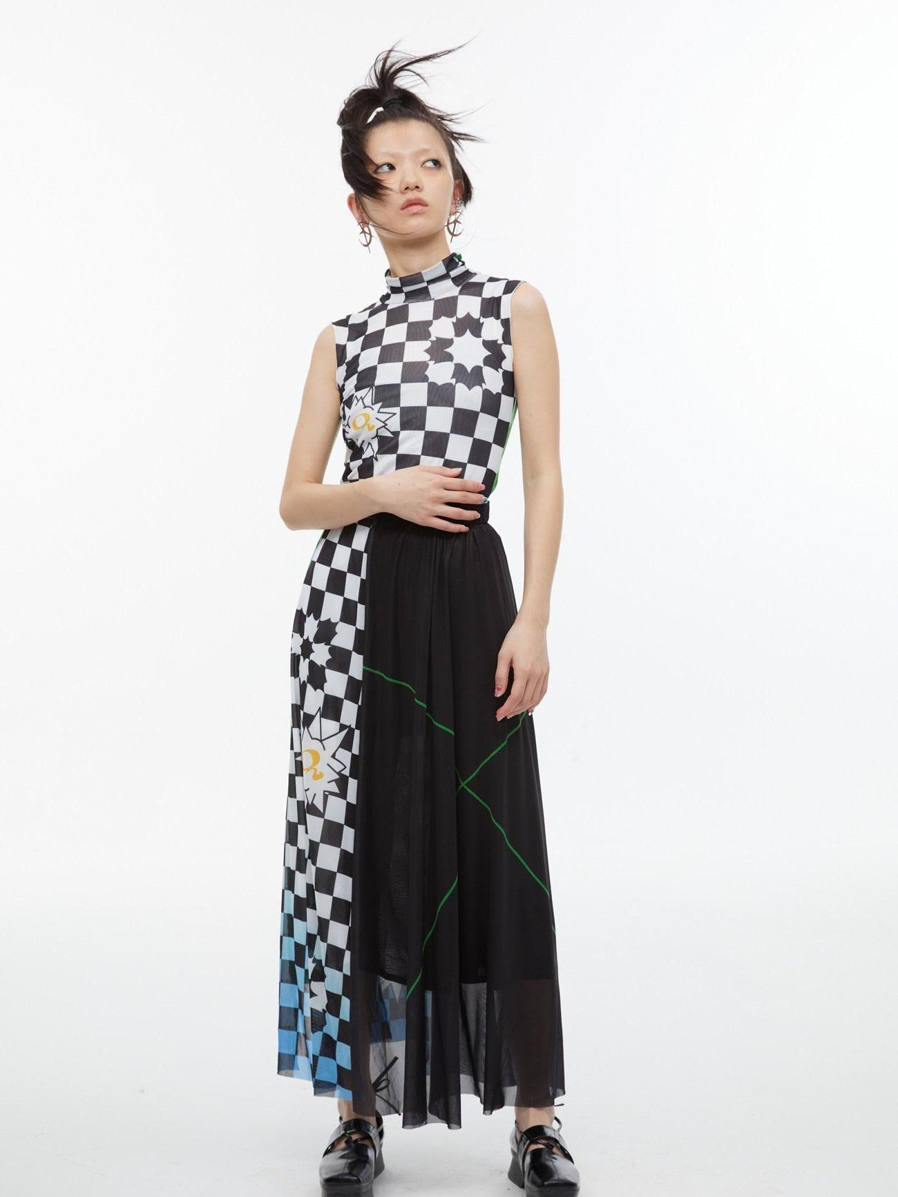 QUORRA S CHORD Checkerboard Green Contrast High Neck Sleeveless Women&