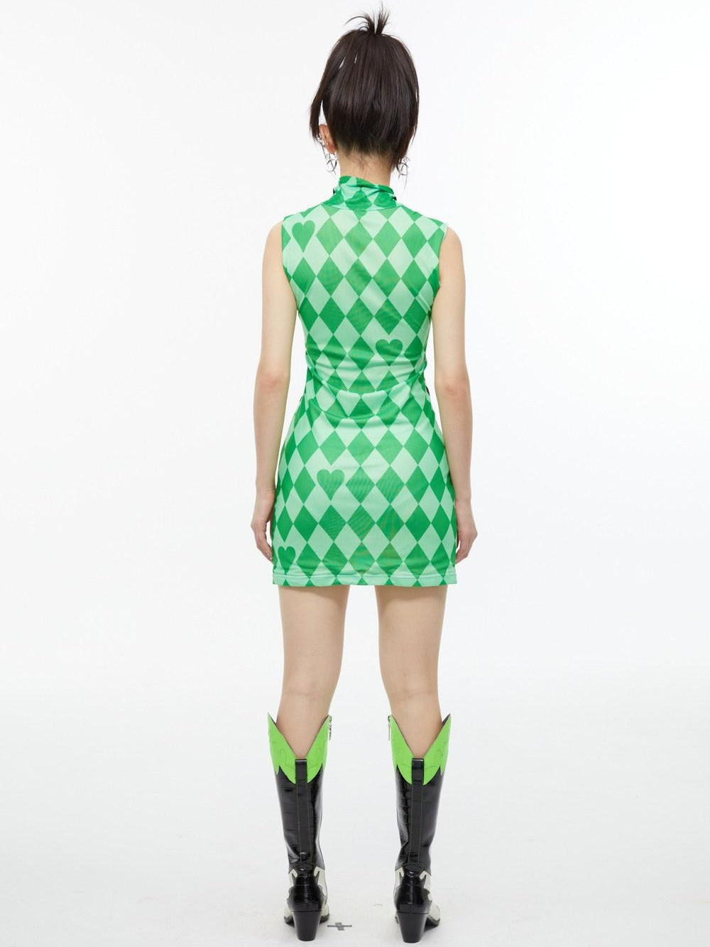 QUORRA S CHORD Checkerboard Green Contrast High Neck Sleeveless Women&