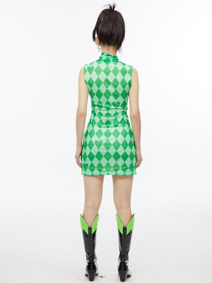 QUORRA S CHORD Checkerboard Green Contrast High Neck Sleeveless Women&