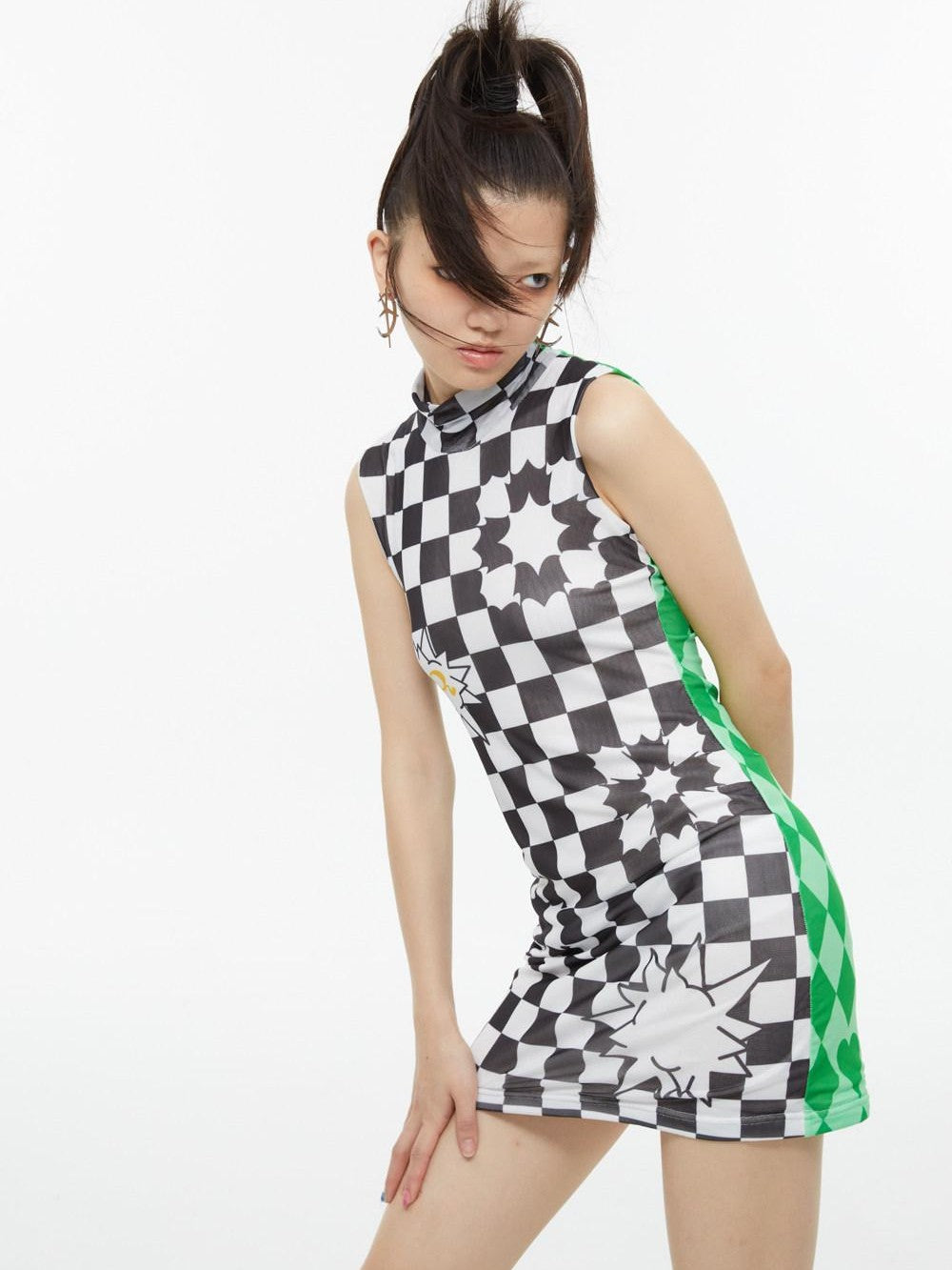 QUORRA S CHORD Checkerboard Green Contrast High Neck Sleeveless Women&