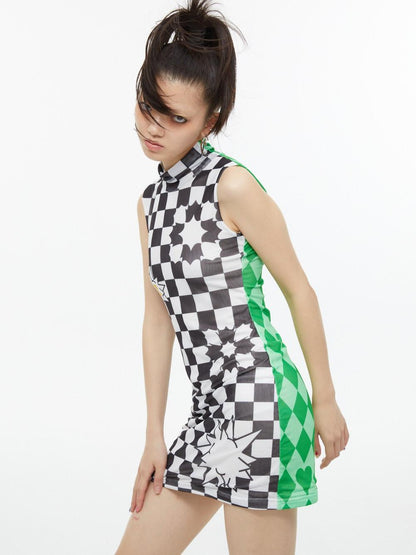 QUORRA S CHORD Checkerboard Green Contrast High Neck Sleeveless Women&