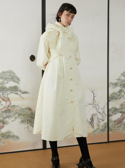 QUORRA S CHORD Cream White Special Texture Padded Shoulders Bow Women&