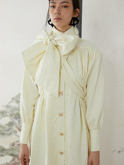 QUORRA S CHORD Cream White Special Texture Padded Shoulders Bow Women&