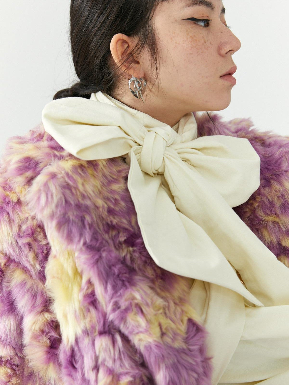 QUORRA S CHORD Cream White Special Texture Padded Shoulders Bow Women&