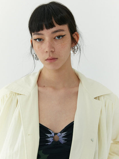 QUORRA S CHORD Cream White Special Texture Padded Shoulders Bow Women&