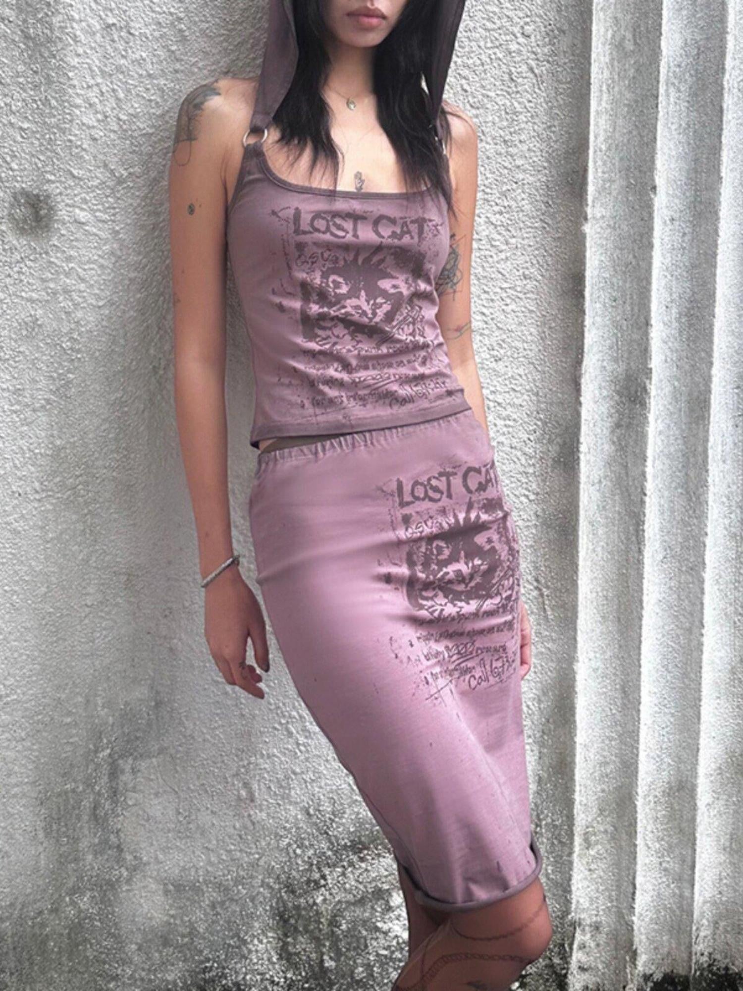QUORRA S CHORD Distressed Pink Punk Cat Print Elastic Waist Women&