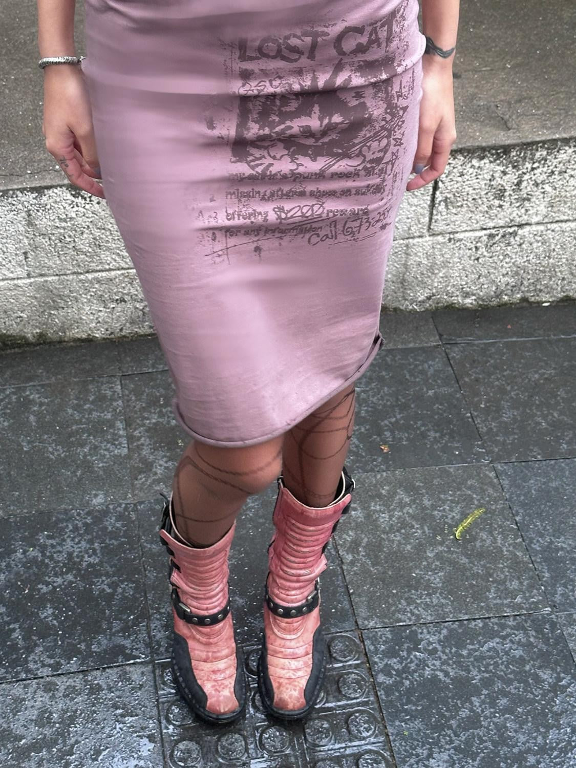 QUORRA S CHORD Distressed Pink Punk Cat Print Elastic Waist Women&