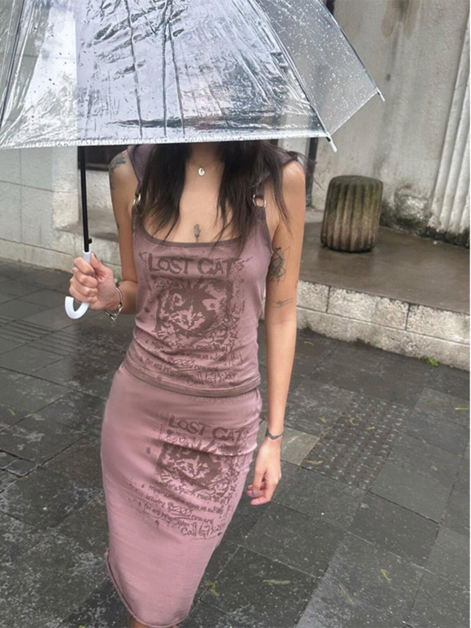 QUORRA S CHORD Distressed Pink Punk Cat Print Elastic Waist Women&