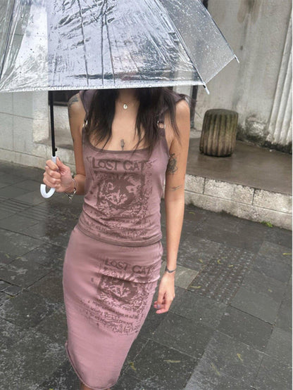 QUORRA S CHORD Distressed Pink Punk Cat Print Elastic Waist Women&