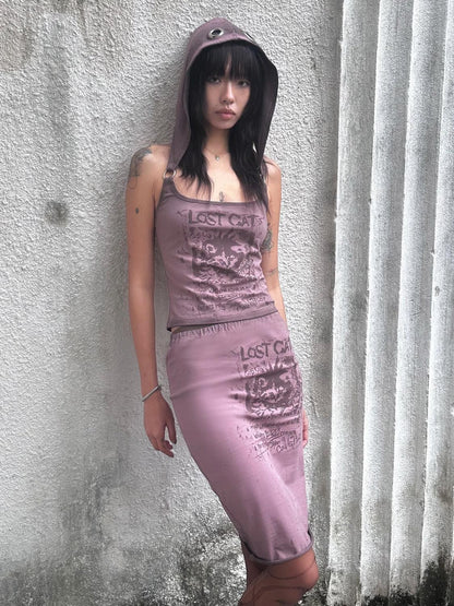 QUORRA S CHORD Distressed Pink Punk Cat Print Elastic Waist Women&
