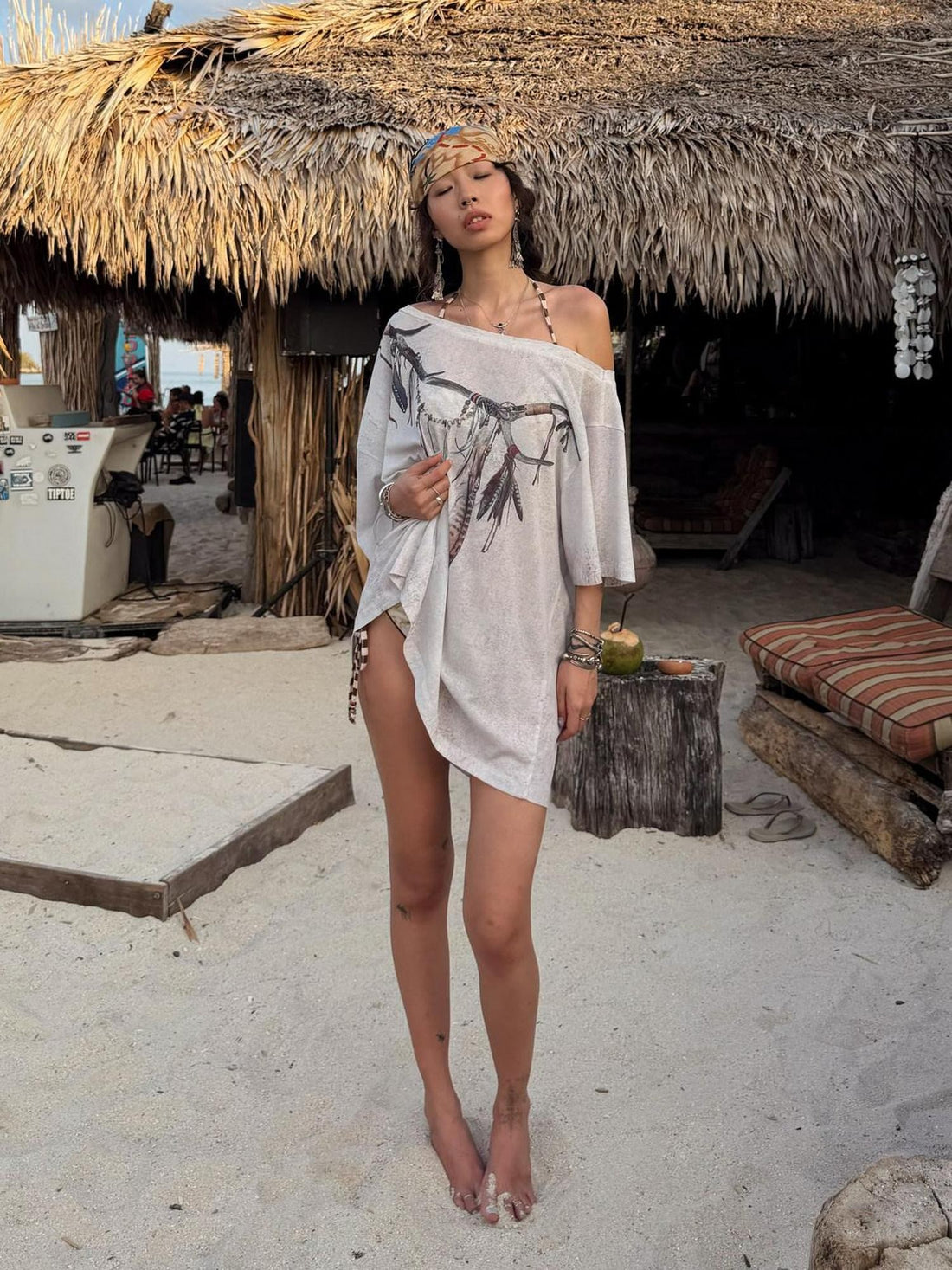 QUORRA S CHORD Distressed Vintage Feather Print Loose Drapey Women&