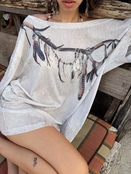 QUORRA S CHORD Distressed Vintage Feather Print Loose Drapey Women&