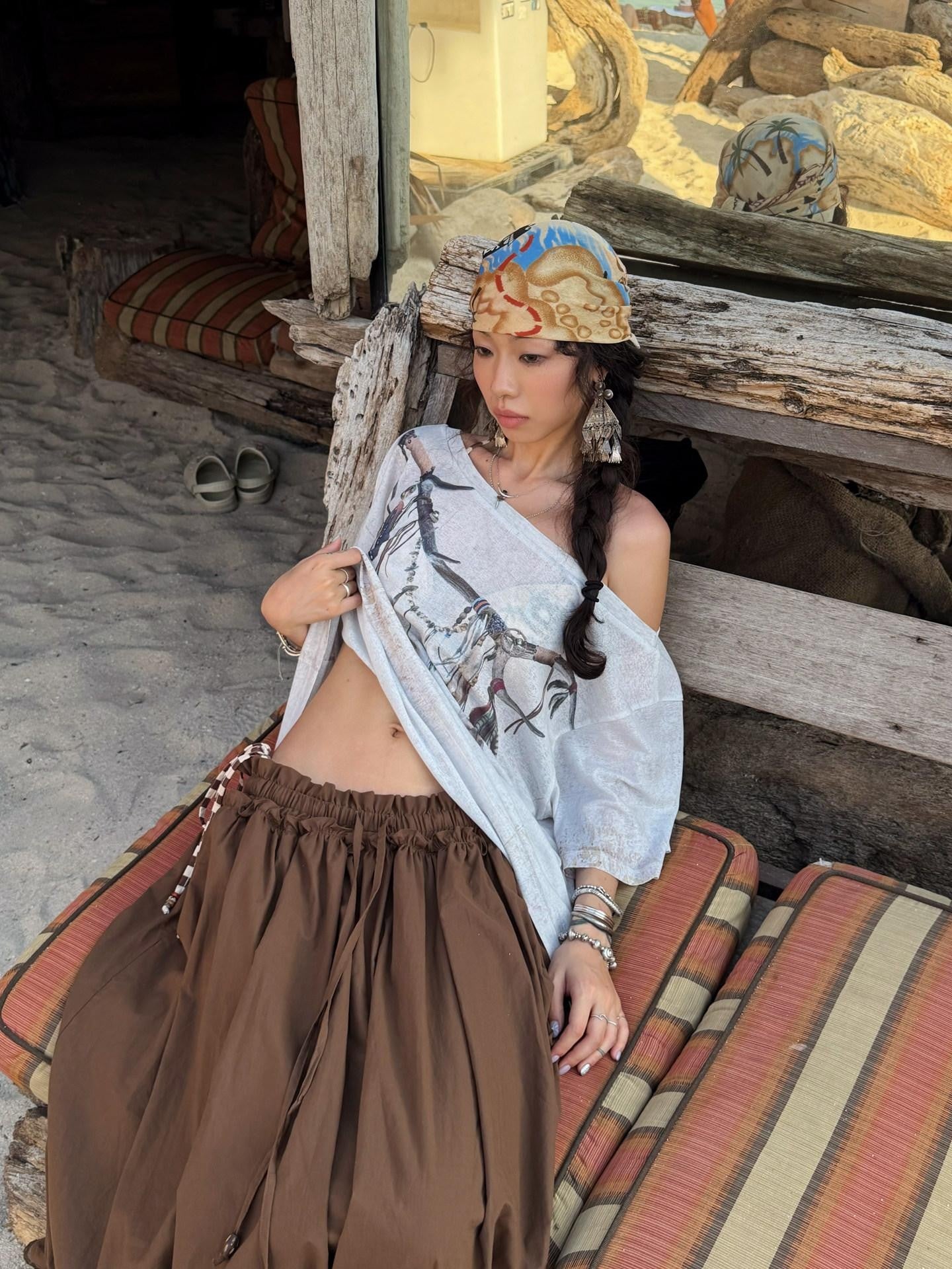 QUORRA S CHORD Distressed Vintage Feather Print Loose Drapey Women&