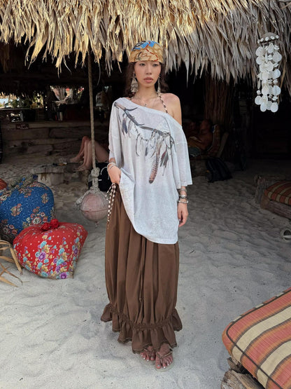 QUORRA S CHORD Distressed Vintage Feather Print Loose Drapey Women&