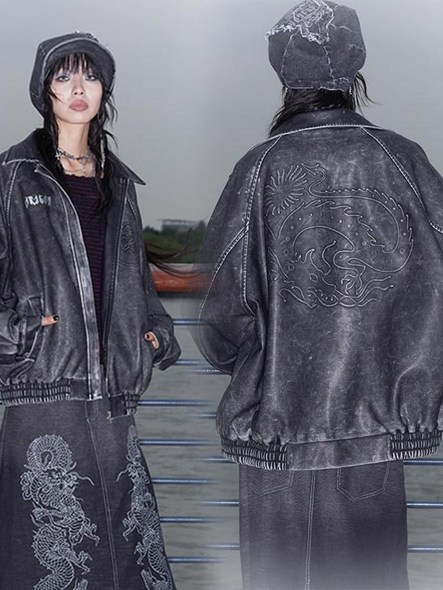 QUORRA S CHORD Dragon Embossed Silver Print Washed Distressed Women&