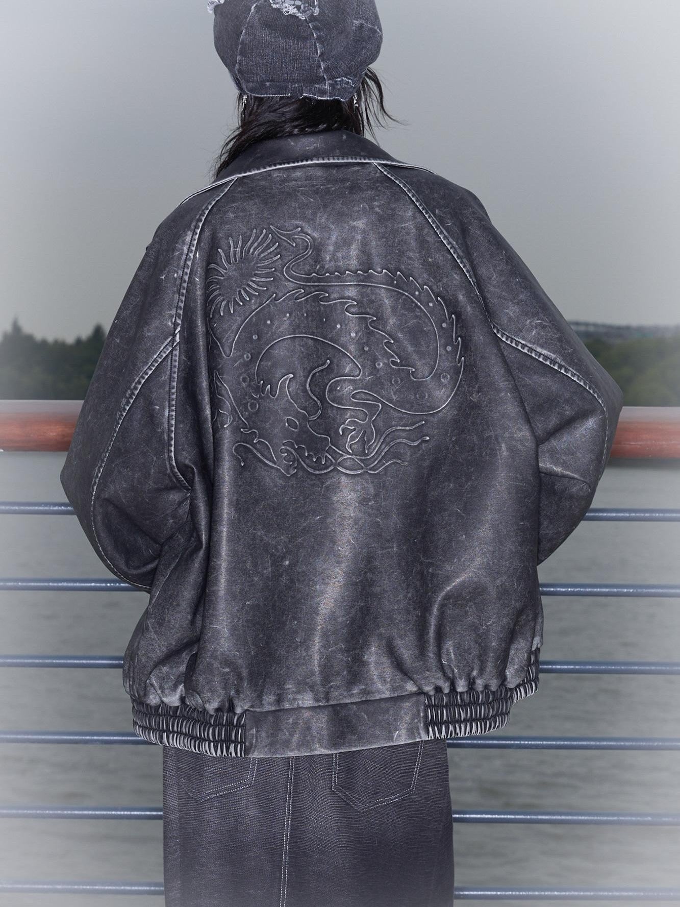 QUORRA S CHORD Dragon Embossed Silver Print Washed Distressed Women&