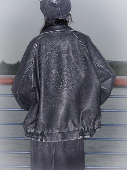 QUORRA S CHORD Dragon Embossed Silver Print Washed Distressed Women&