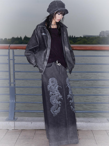 QUORRA S CHORD Dragon Embossed Silver Print Washed Distressed Women&