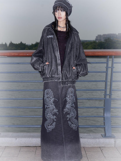 QUORRA S CHORD Dragon Embossed Silver Print Washed Distressed Women&