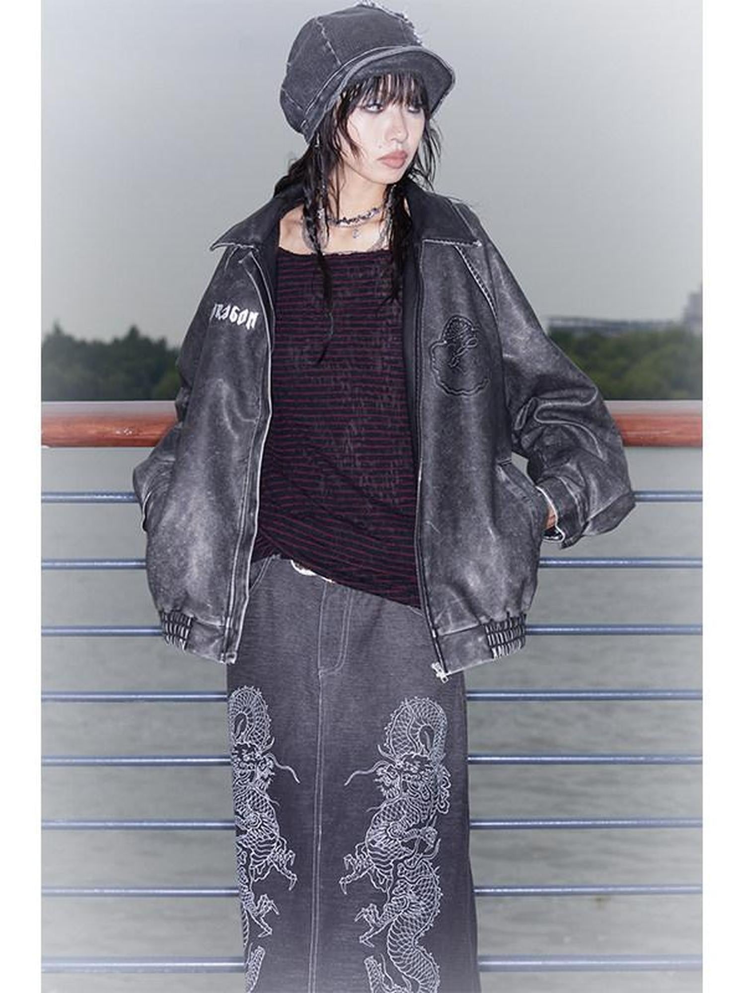 QUORRA S CHORD Dragon Embossed Silver Print Washed Distressed Women&