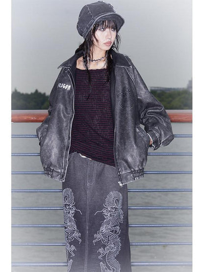 QUORRA S CHORD Dragon Embossed Silver Print Washed Distressed Women&