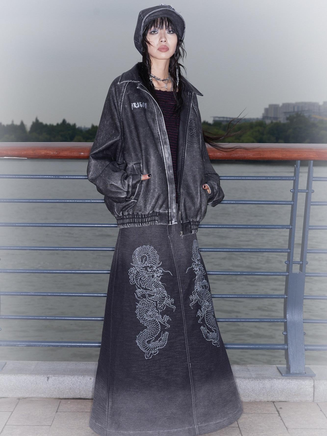 QUORRA S CHORD Dragon Embossed Silver Print Washed Distressed Women&