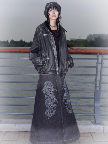 QUORRA S CHORD Dragon Embossed Silver Print Washed Distressed Women&