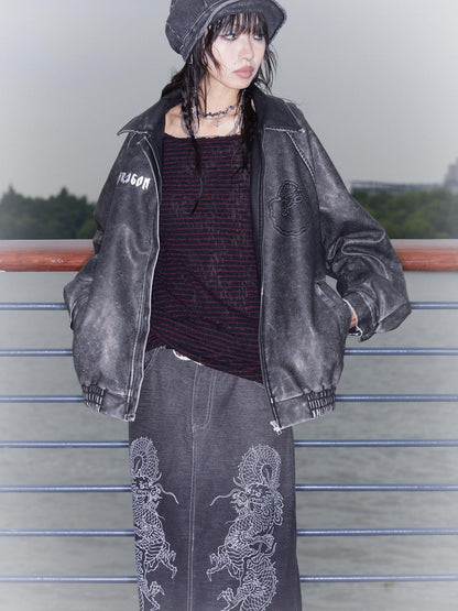 QUORRA S CHORD Dragon Embossed Silver Print Washed Distressed Women&