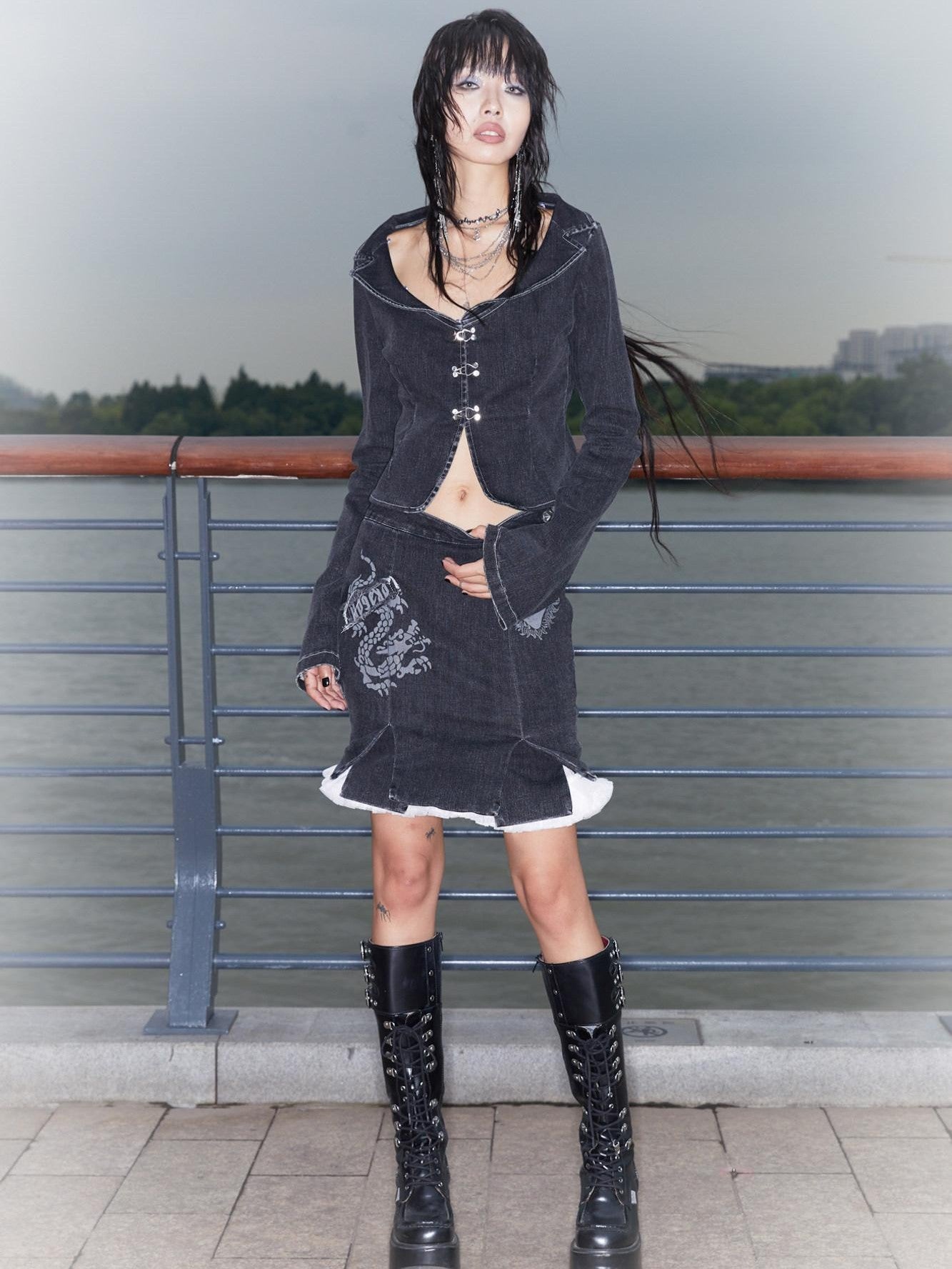 QUORRA S CHORD Dragon Print Detachable Lace Frayed Washed Stretch Women&