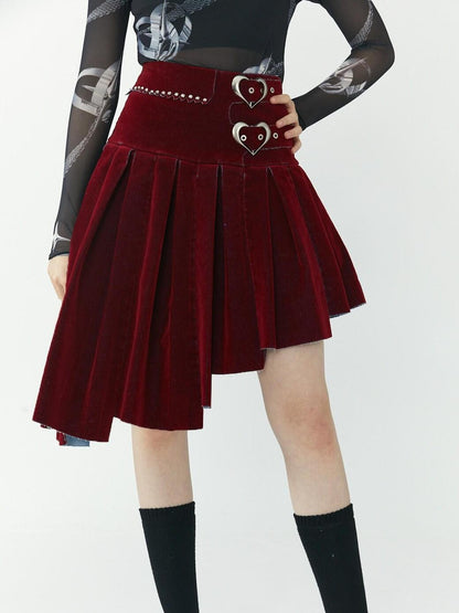 QUORRA S CHORD Flocked Red Velvet Heart Buckle Asymmetric Rock Women&