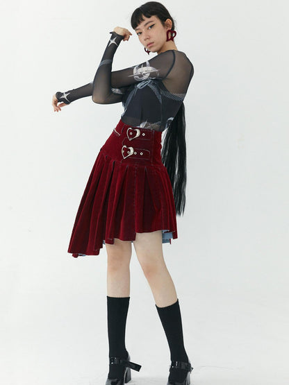 QUORRA S CHORD Flocked Red Velvet Heart Buckle Asymmetric Rock Women&